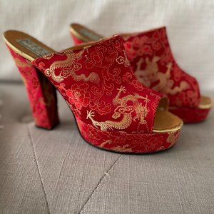 Red & Gold embroidered Satin vintage platform high heeled "clog"
